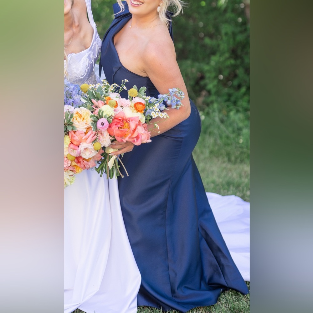 ALFRED SUNG Midnight Navy Satin One-Shoulder Bridesmaid Gown